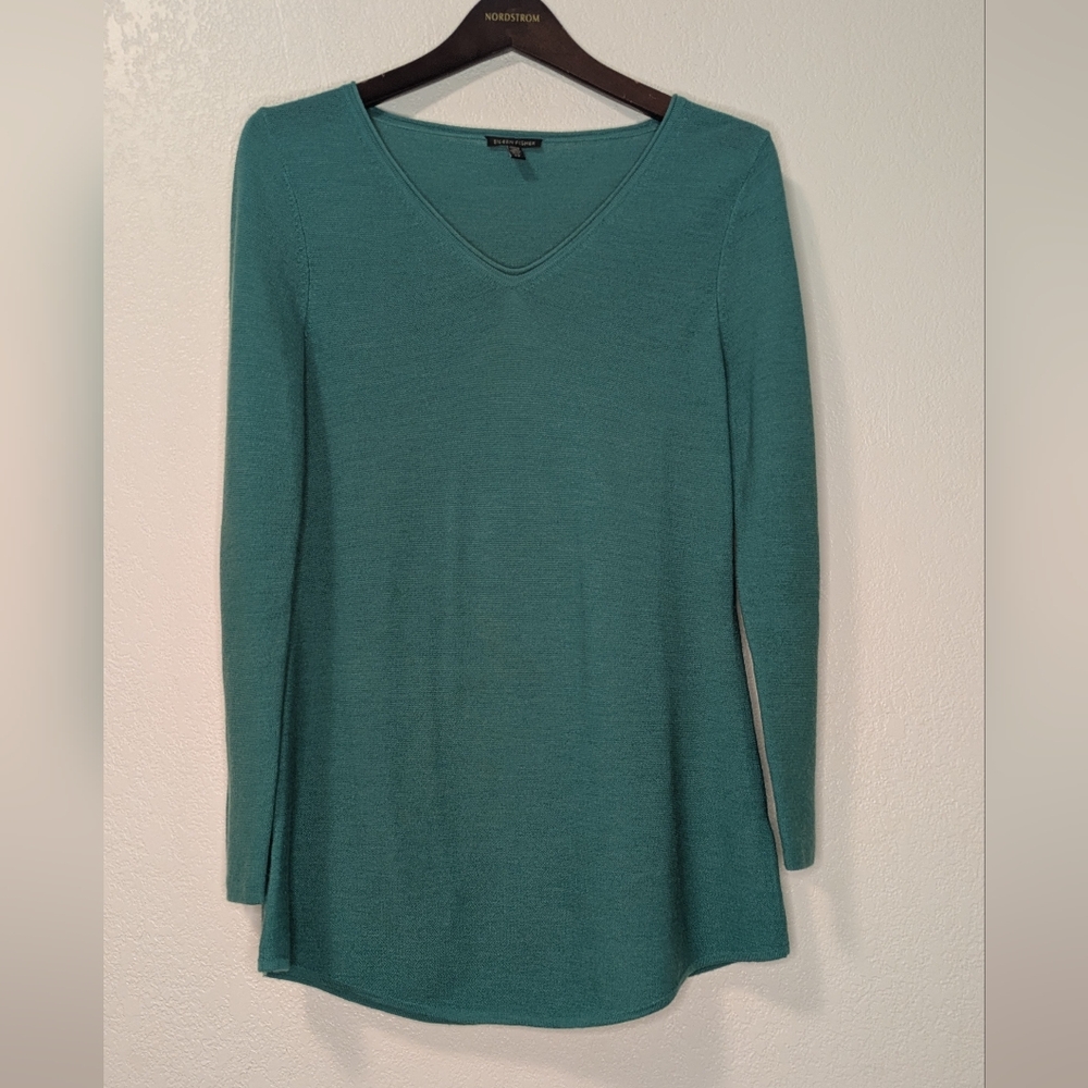 Eileen Fisher 100% Merino Wool Teal V‑Neck Knit Top - Picture 1 of 7